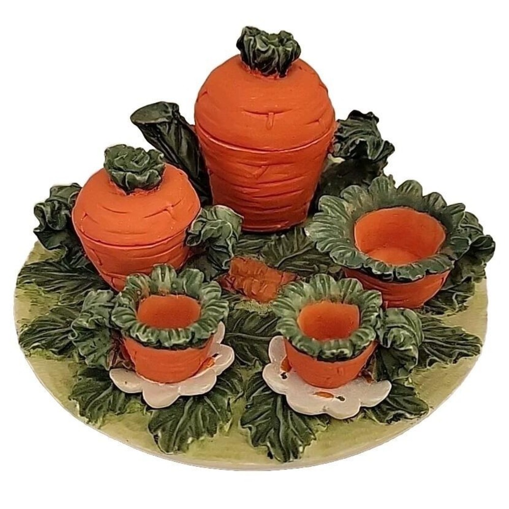 Miniature Carrot Tea Set Resin Garden Vegetable Easter Decor Teapot Cups Tray